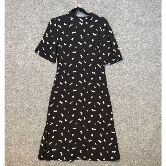 Stockholm Atelier Dress Womens 6 Black Butterfly Flared Sleeve Midi Boho Asian - Picture 3 of 10